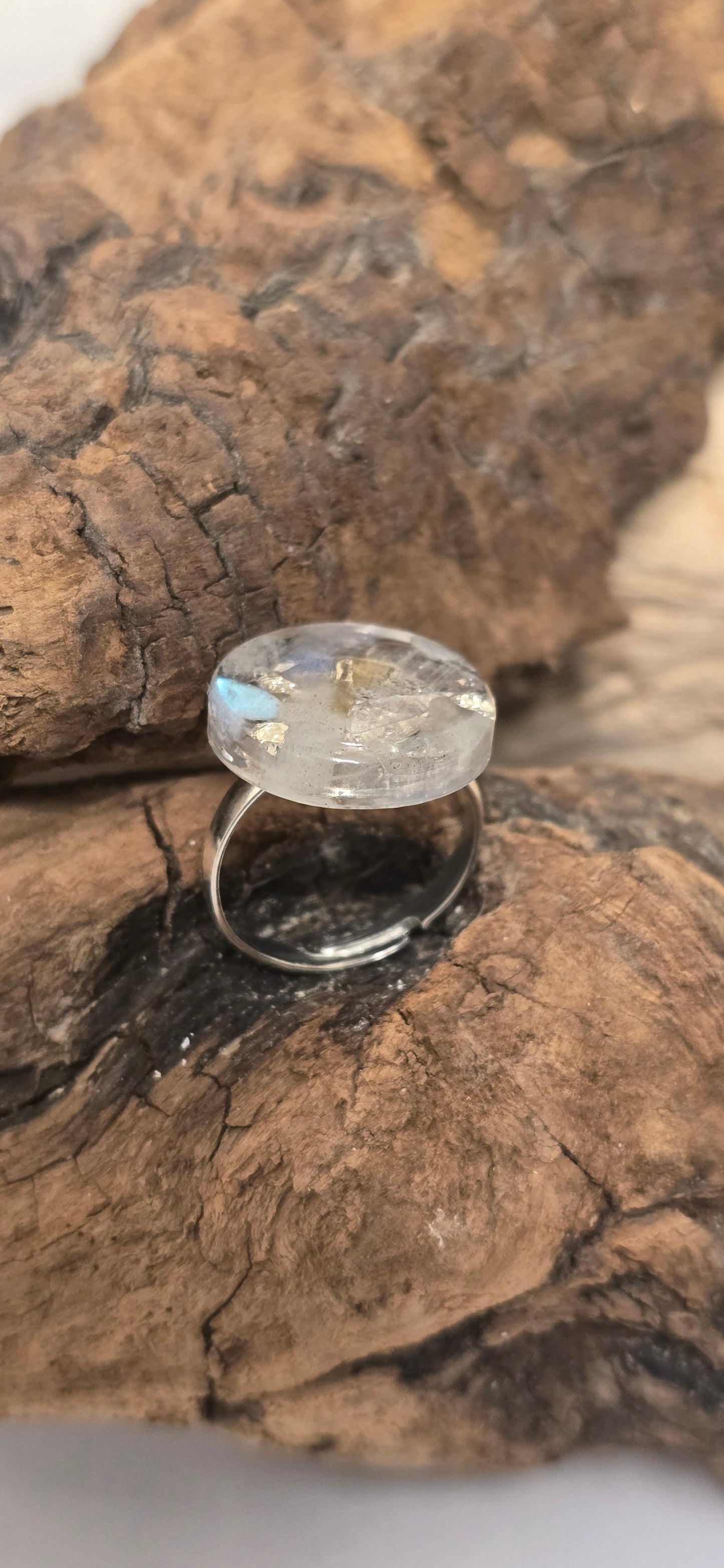 Anello "Velo di Luce": Resina, Labradorite Pietra di Luna - Rainbow Stone - REGOLABILE