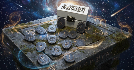 🌙 Set Completo Rune della Strega + Cofanetto in Legno Intarsiato 🎨